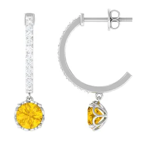 Round Lab Grown Yellow Sapphire Hoop Drop Earrings with Diamond