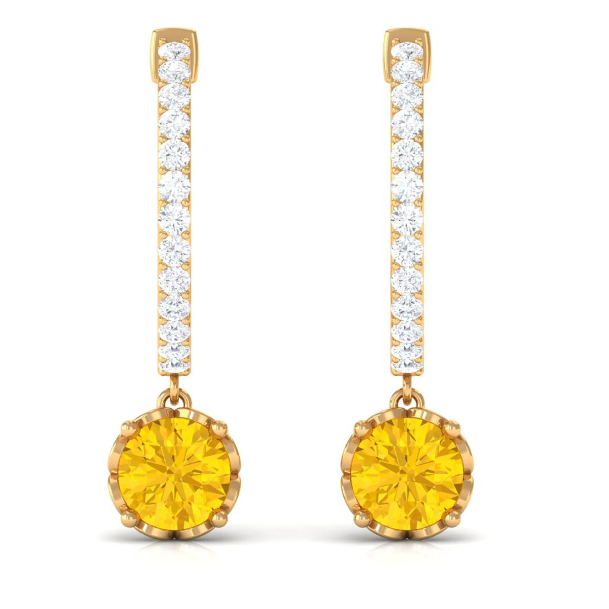 Round Lab Grown Yellow Sapphire Hoop Drop Earrings with Diamond