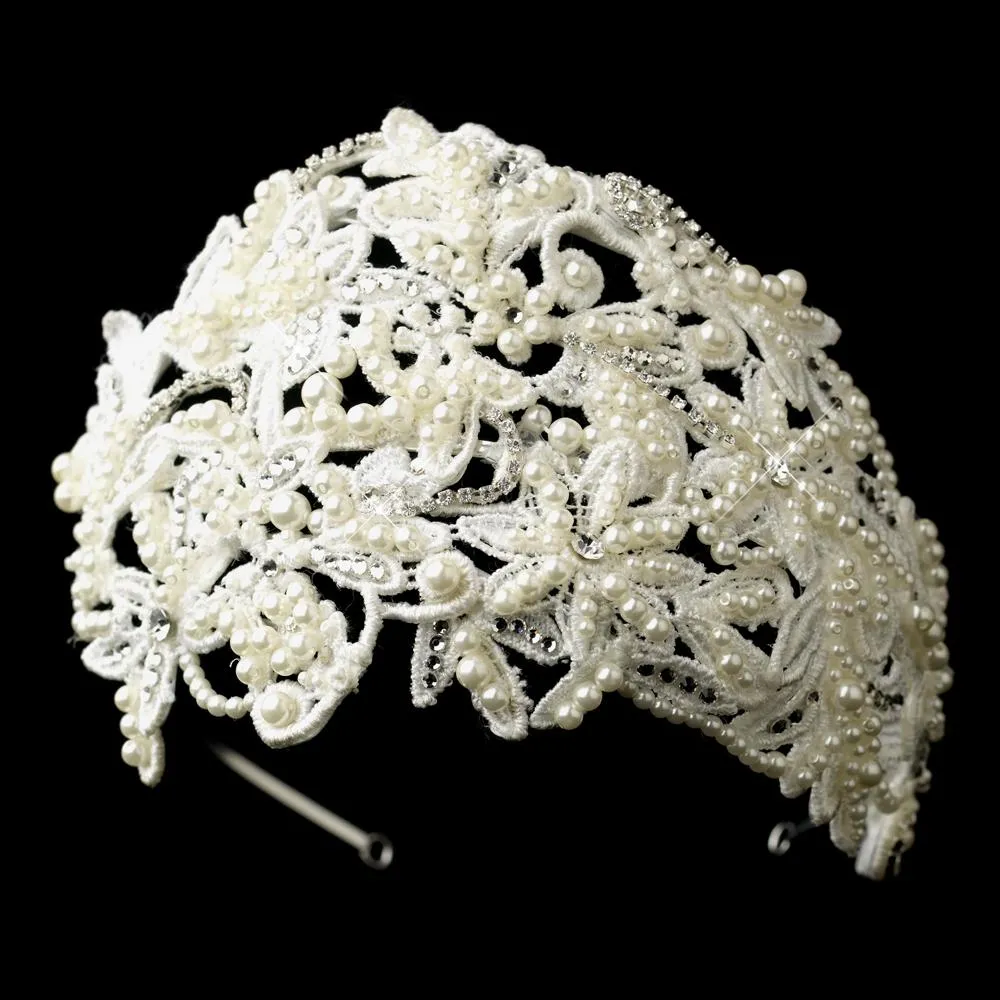 Russian Lace Pearl & Crystal Bridal Cap Headpiece