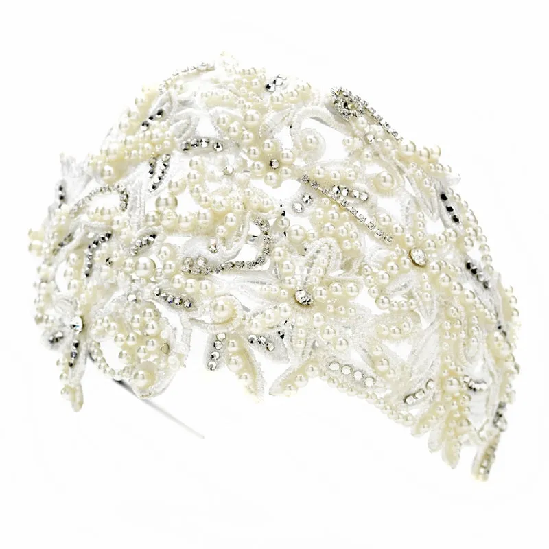 Russian Lace Pearl & Crystal Bridal Cap Headpiece