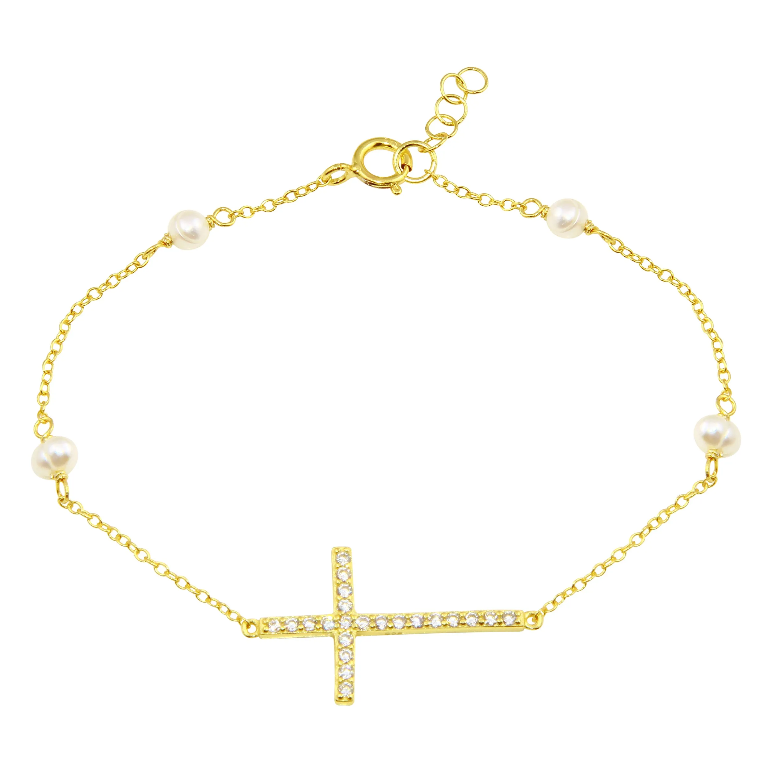 Sideways Pave Cross x Pearls chain Bracelet