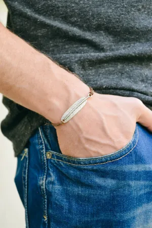 Silver feather charm bracelet for men, brown cord, gif for him