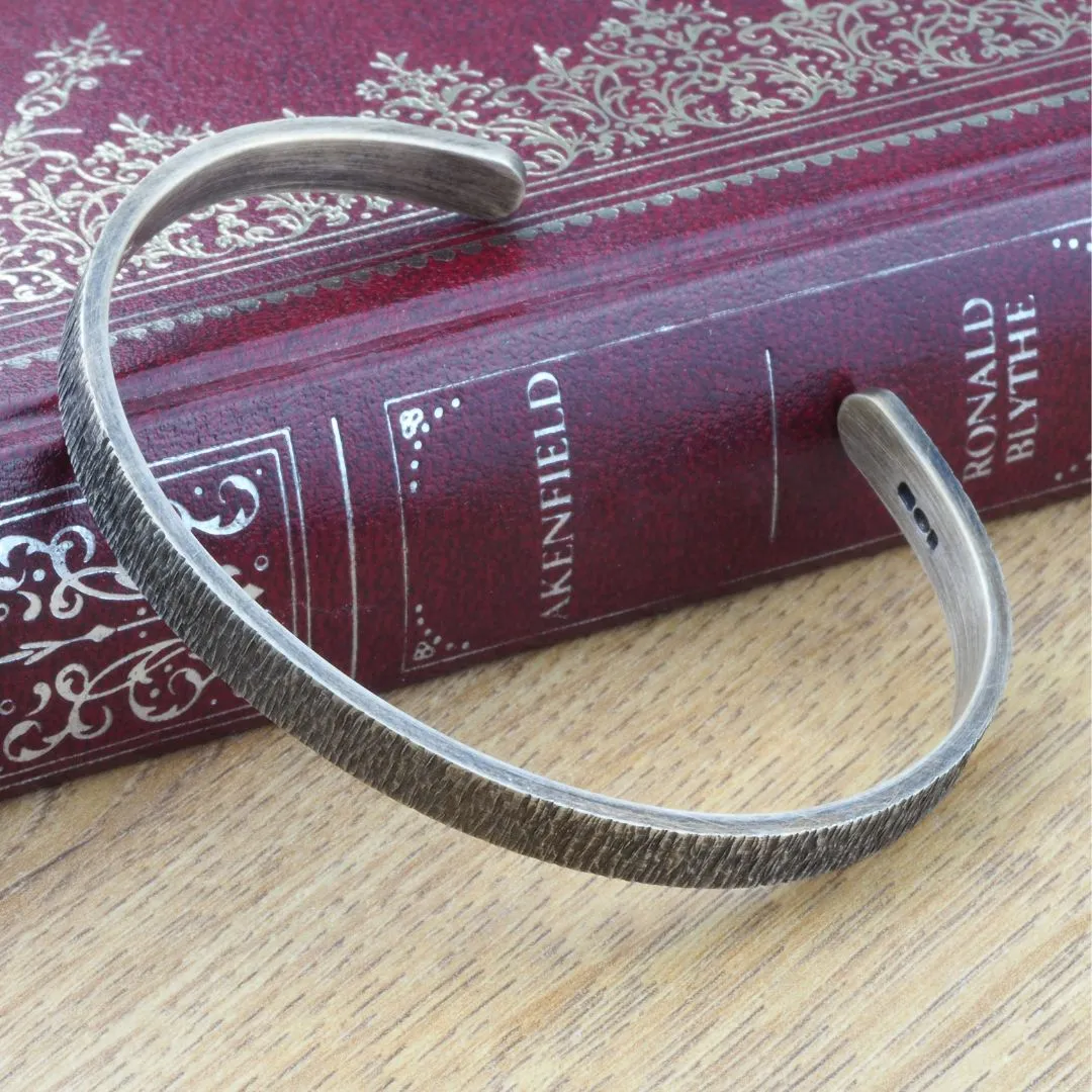 Slim Sterling Silver Oxidised Bark Pattern Cuff Bracelet