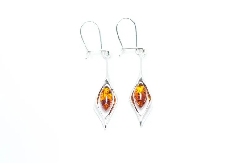 Small Droplet Amber Dangle Earrings | Elegant Sterling Silver & Baltic Amber Jewelry