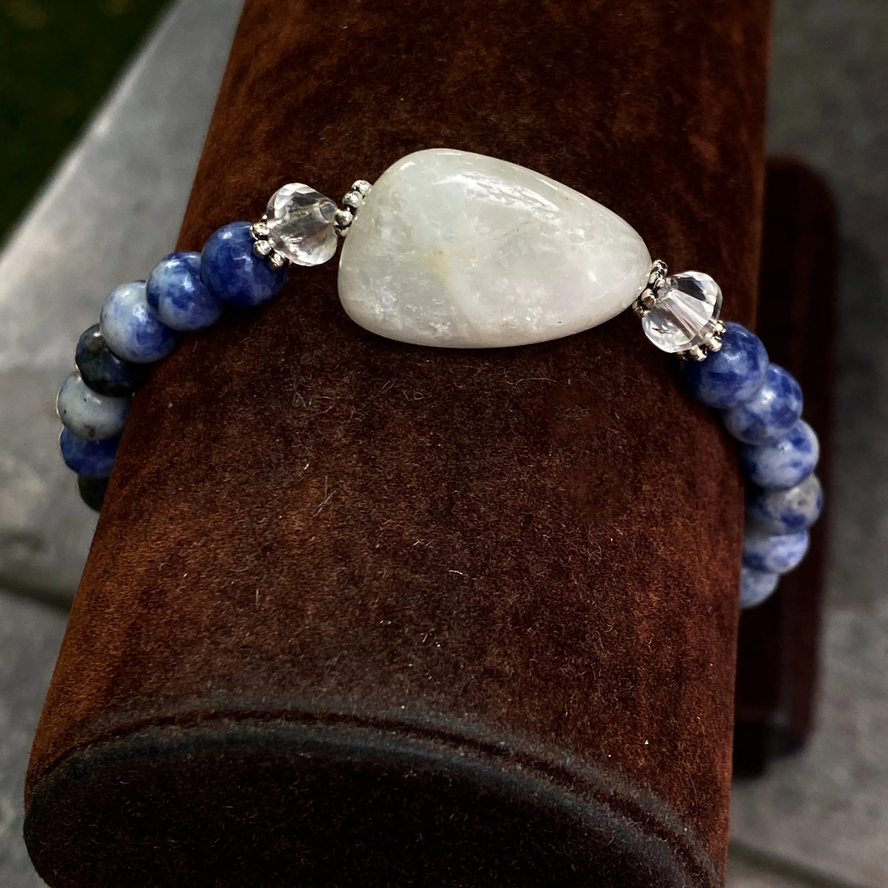 Sodalite, White Moonstone, Quartz, and Sterling Silver Bracelet