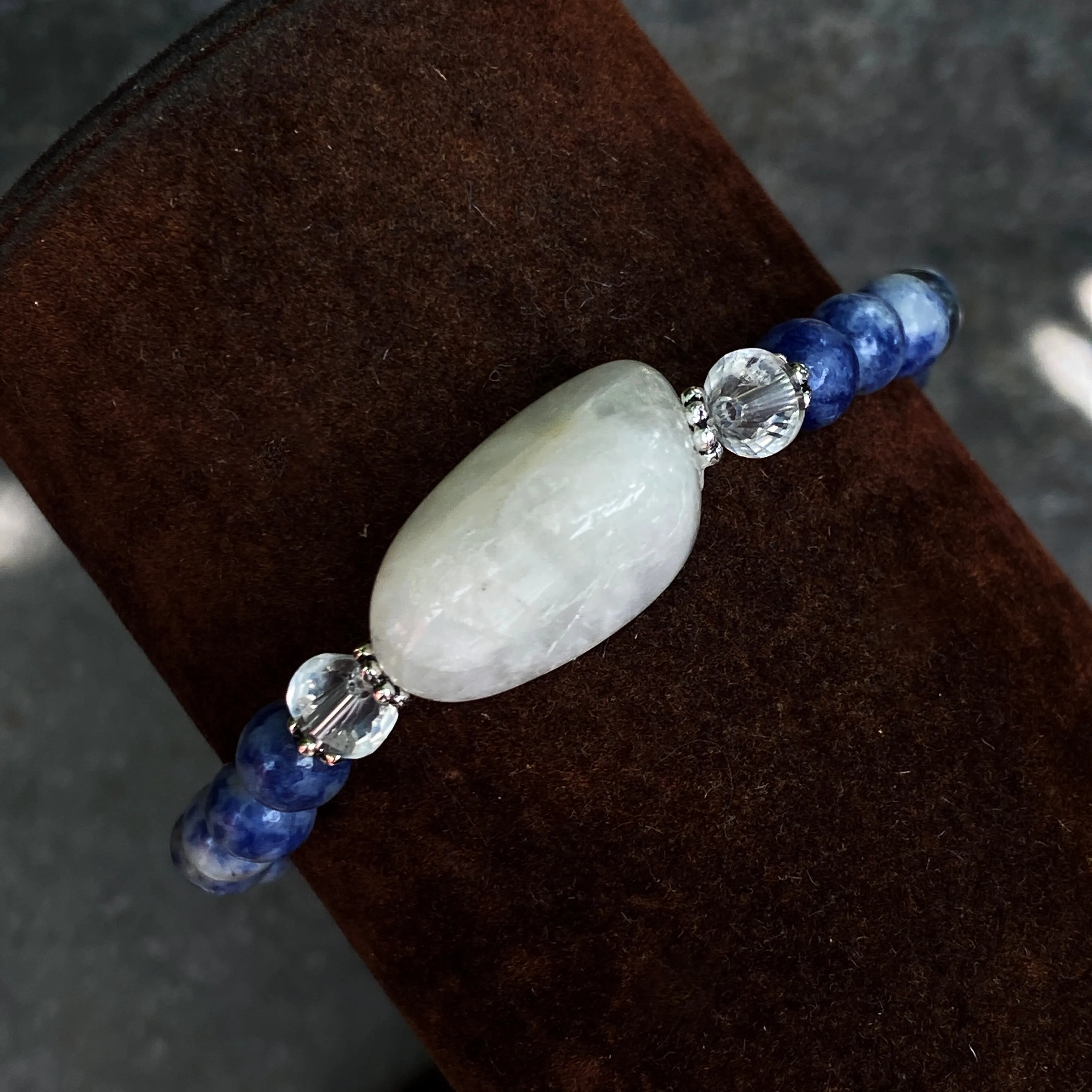 Sodalite, White Moonstone, Quartz, and Sterling Silver Bracelet