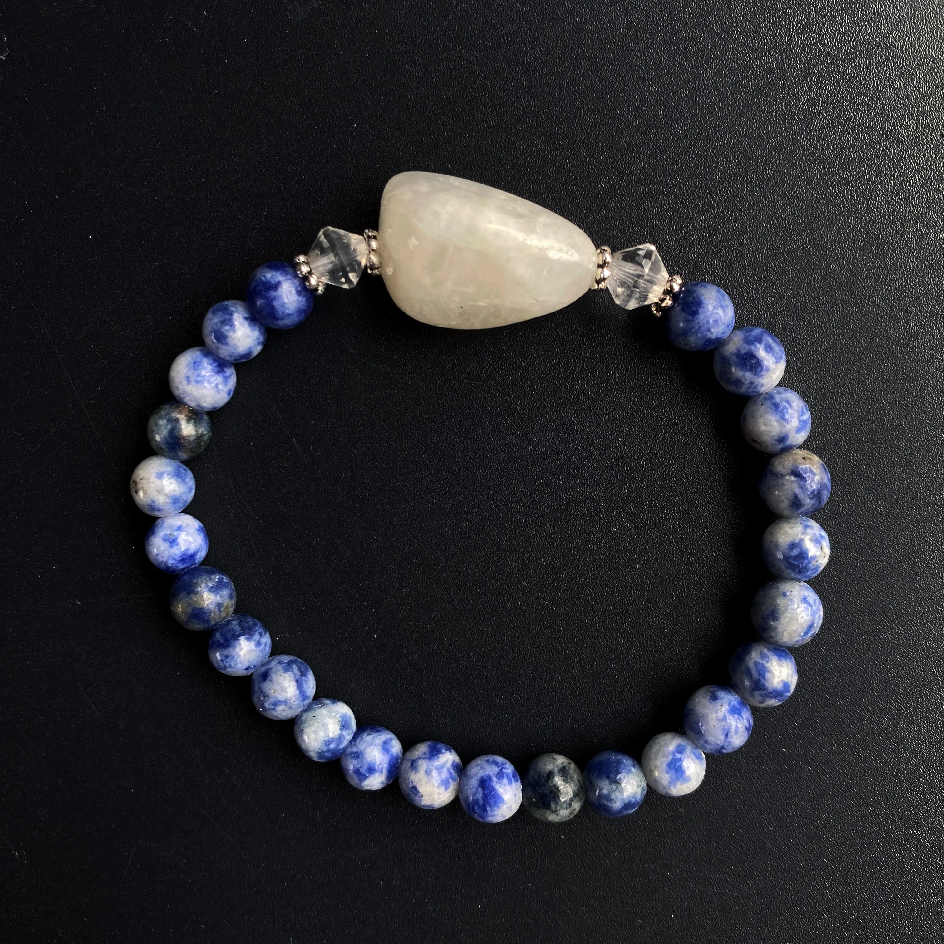 Sodalite, White Moonstone, Quartz, and Sterling Silver Bracelet