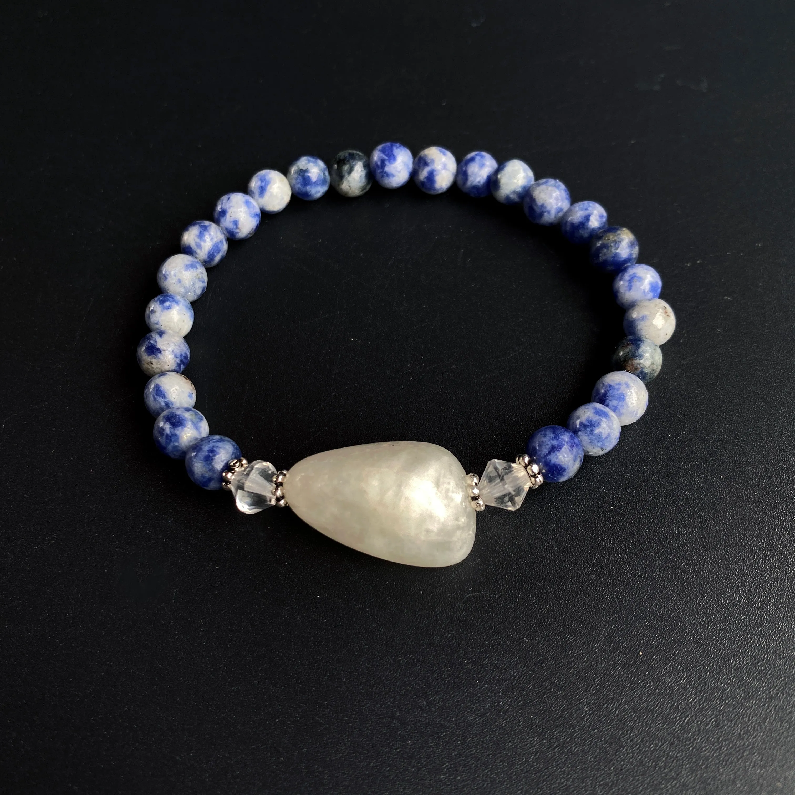 Sodalite, White Moonstone, Quartz, and Sterling Silver Bracelet