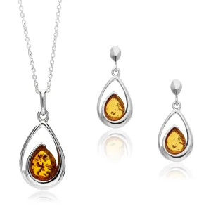 Sterling Silver Amber Designer Teardrop Pendant & Earring Set