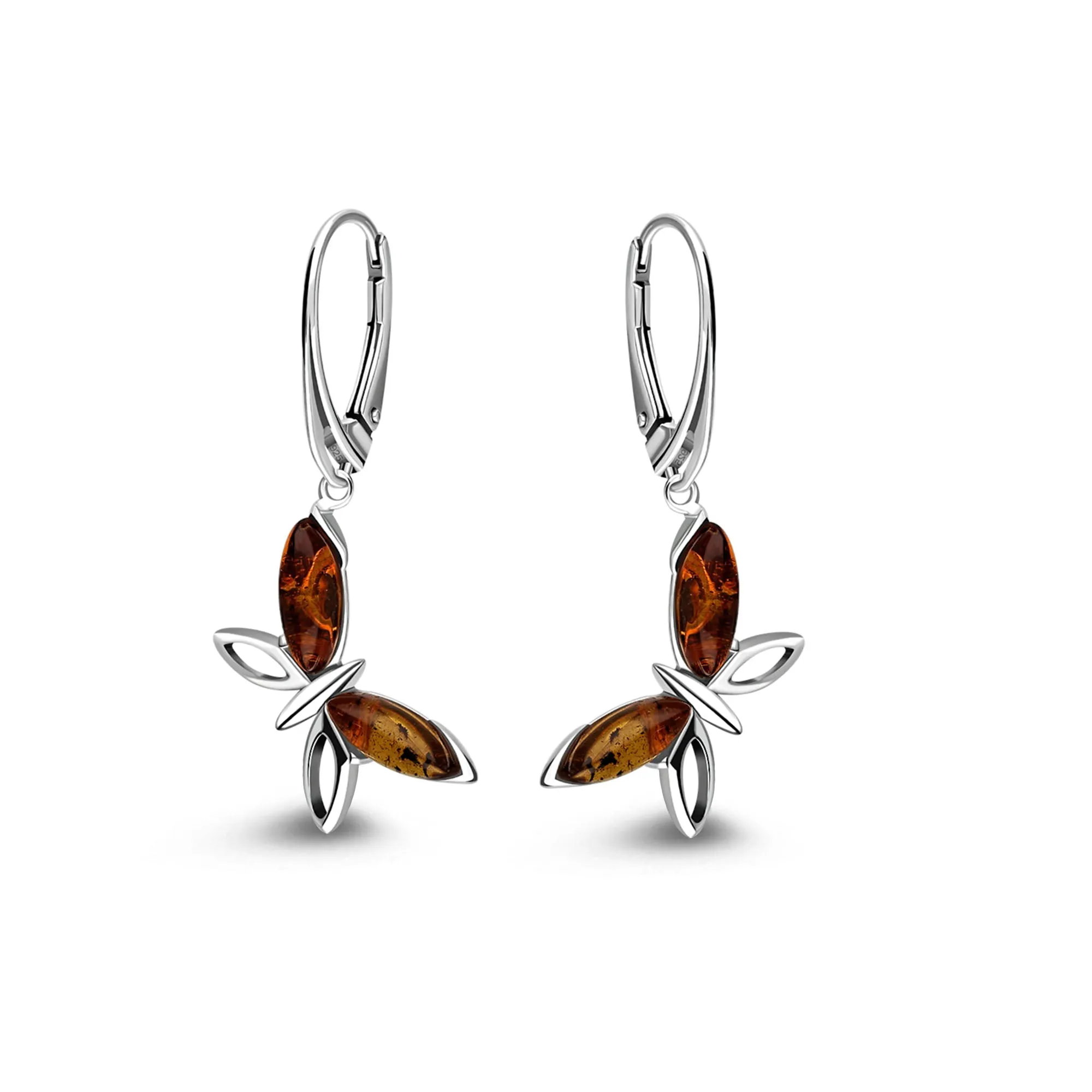 Sterling Silver Amber Dragonfly Drop Earrings