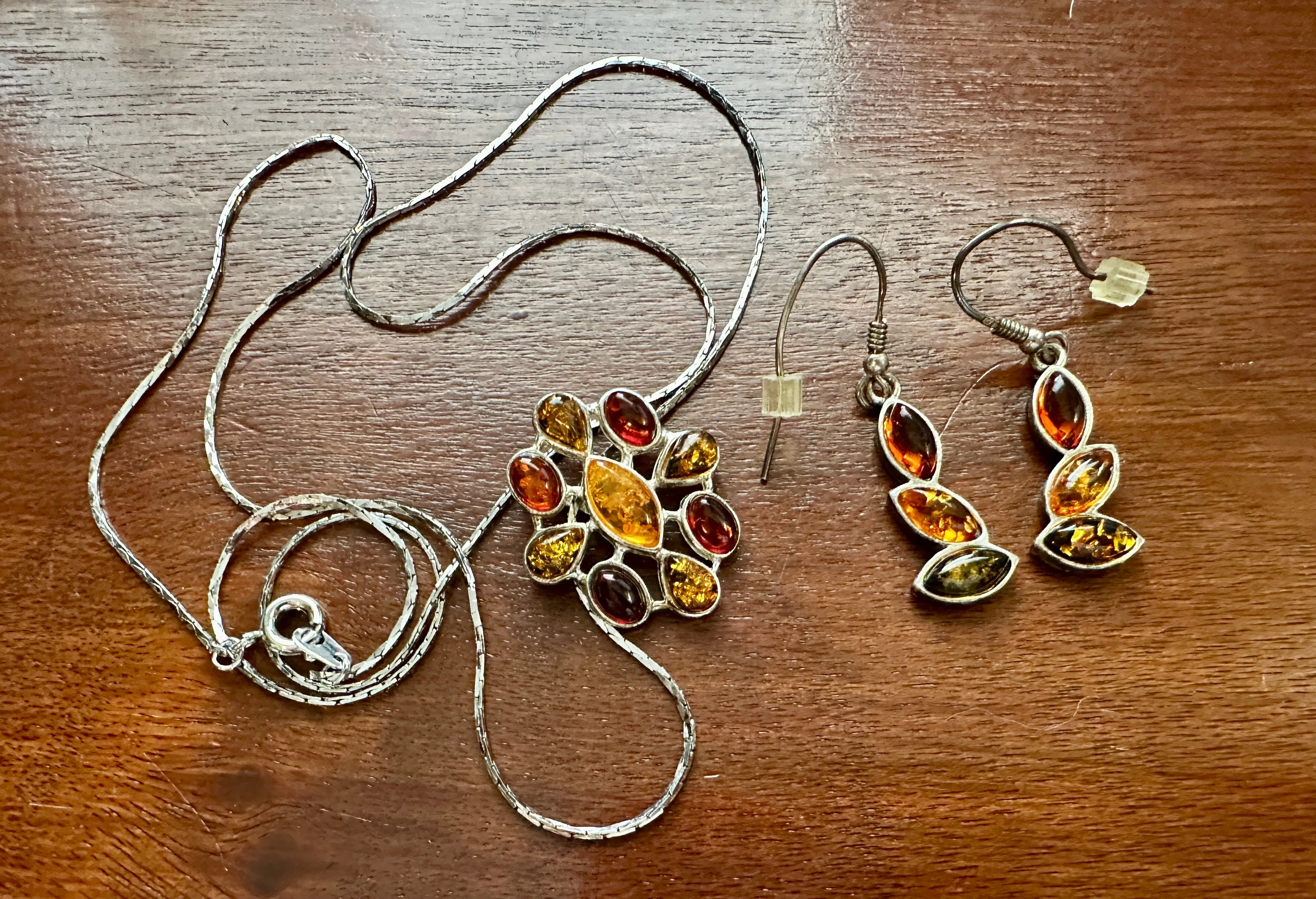 Sterling Silver Pendant Amber Jewelry Set Chain Dangly Earrings Necklace