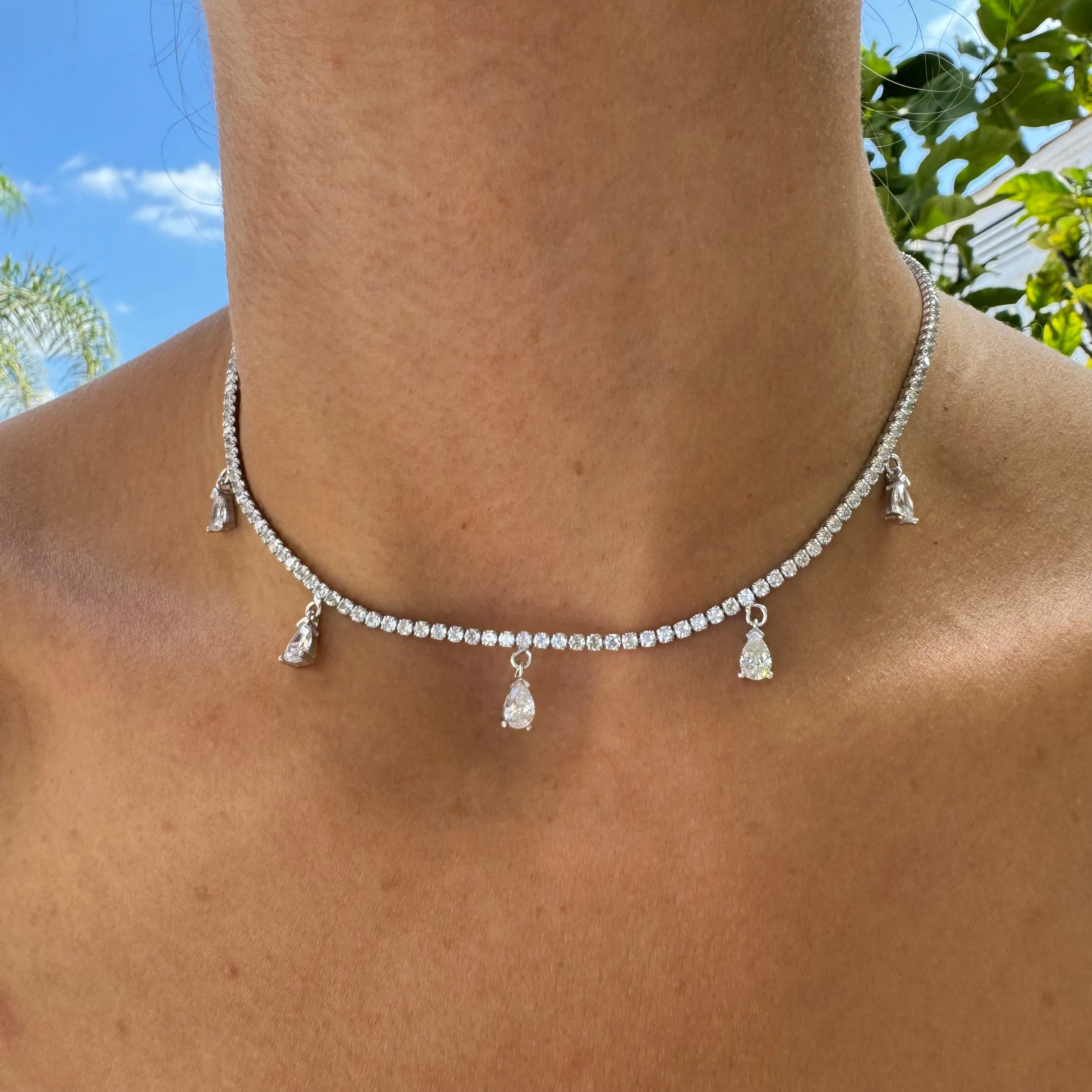 Sterling silver shimmering pear drops choker