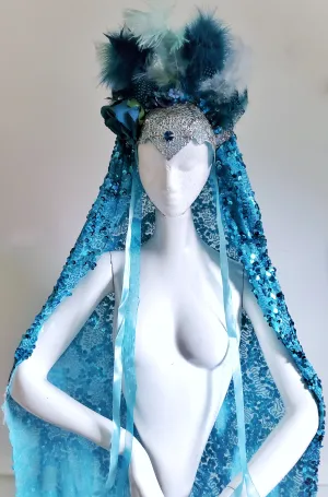 Teal Crown Feathered Headress with Sequin Veil