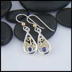 Tear Drop Earrings in Sterling Silver and Gold with Sapphire