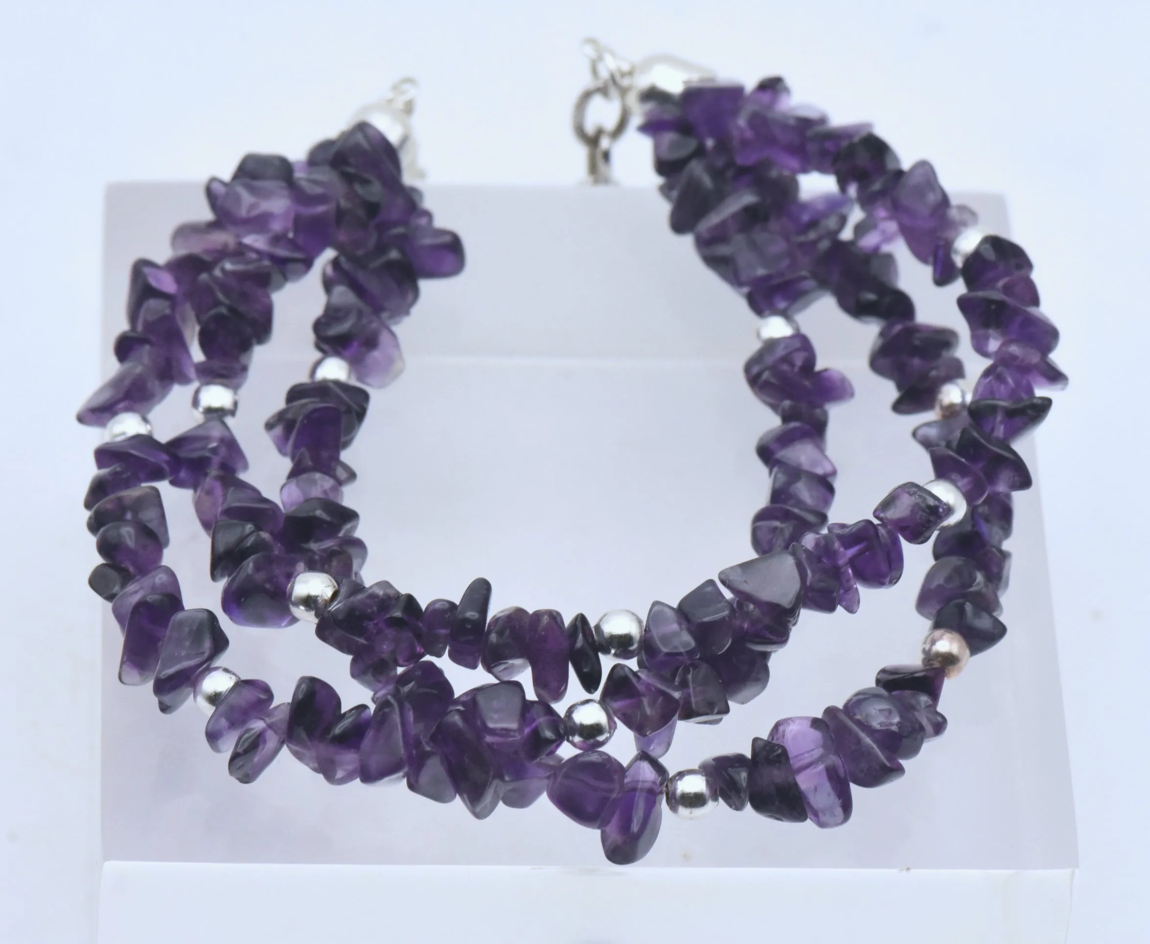 Triple Strand Amethyst Chip and Sterling Silver Bracelet