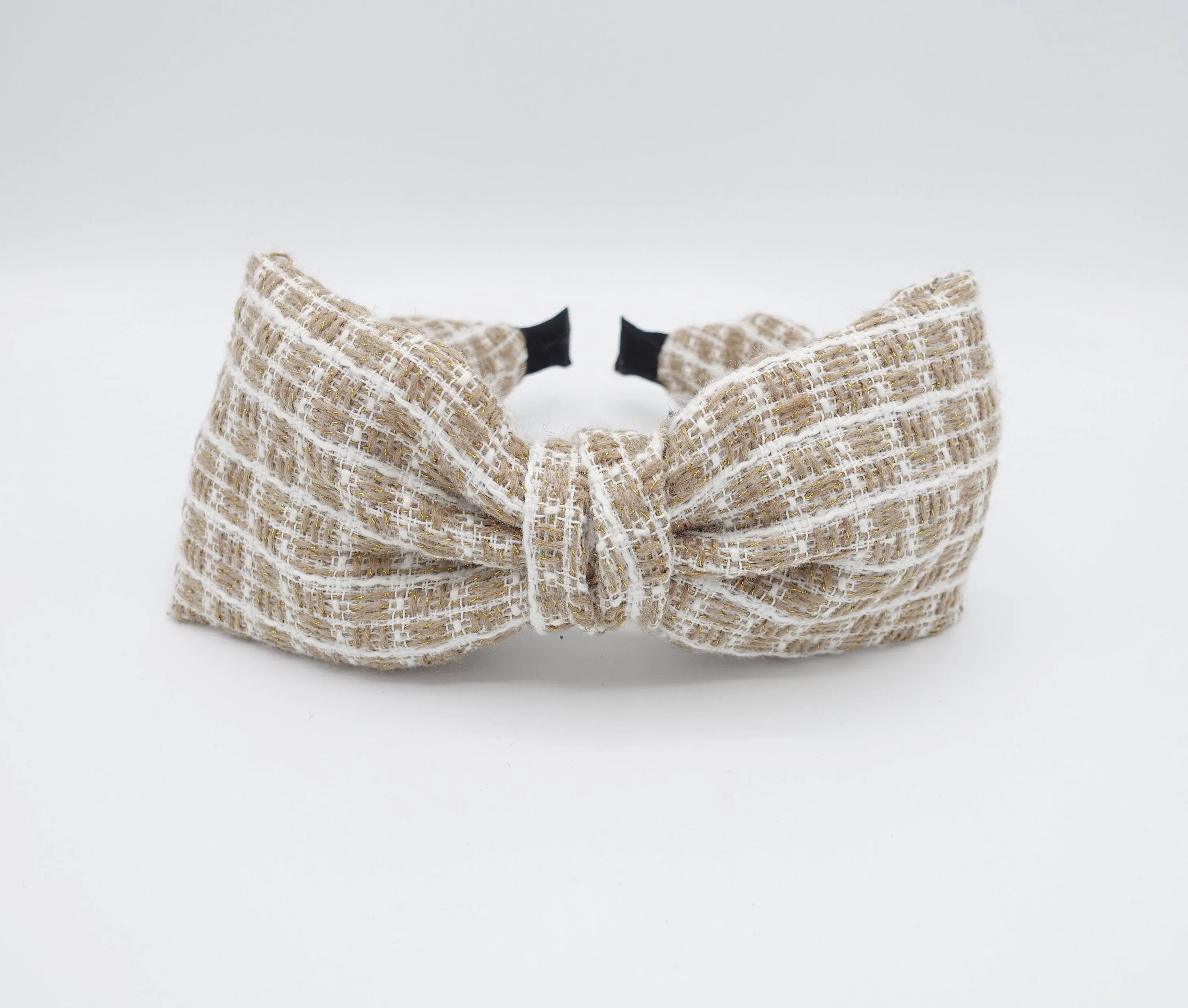 tweed bow headband golden thread shimmer big bow stripe pattern hair accessory for women