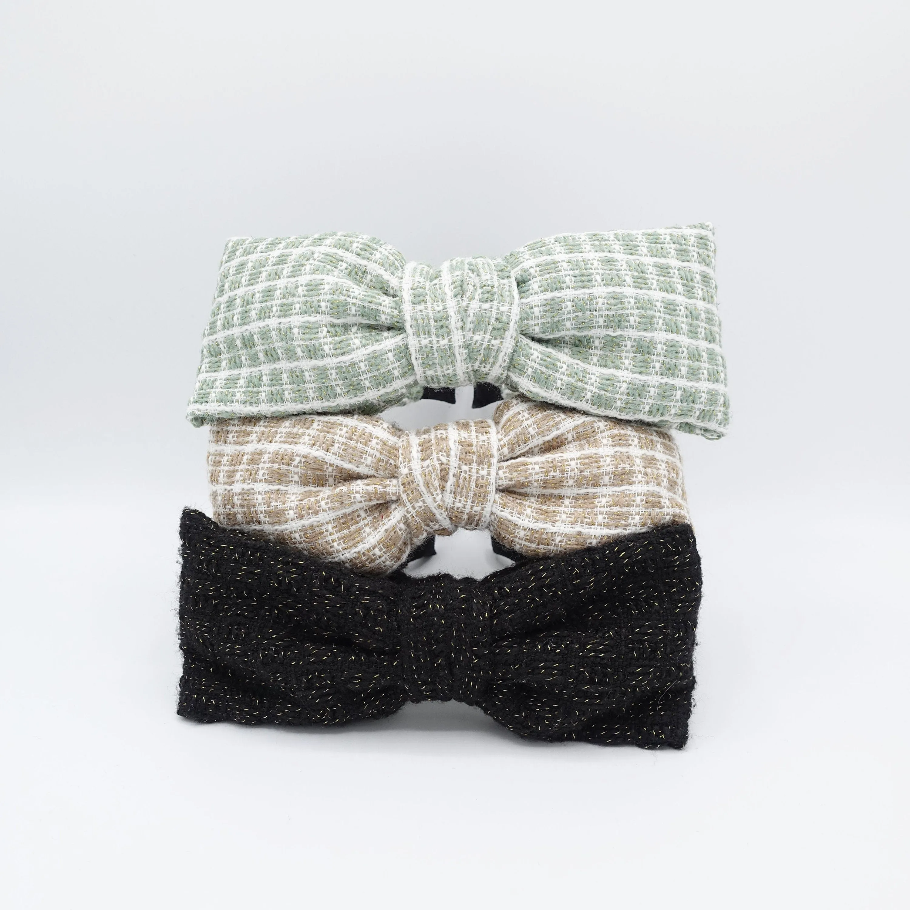 tweed bow headband golden thread shimmer big bow stripe pattern hair accessory for women