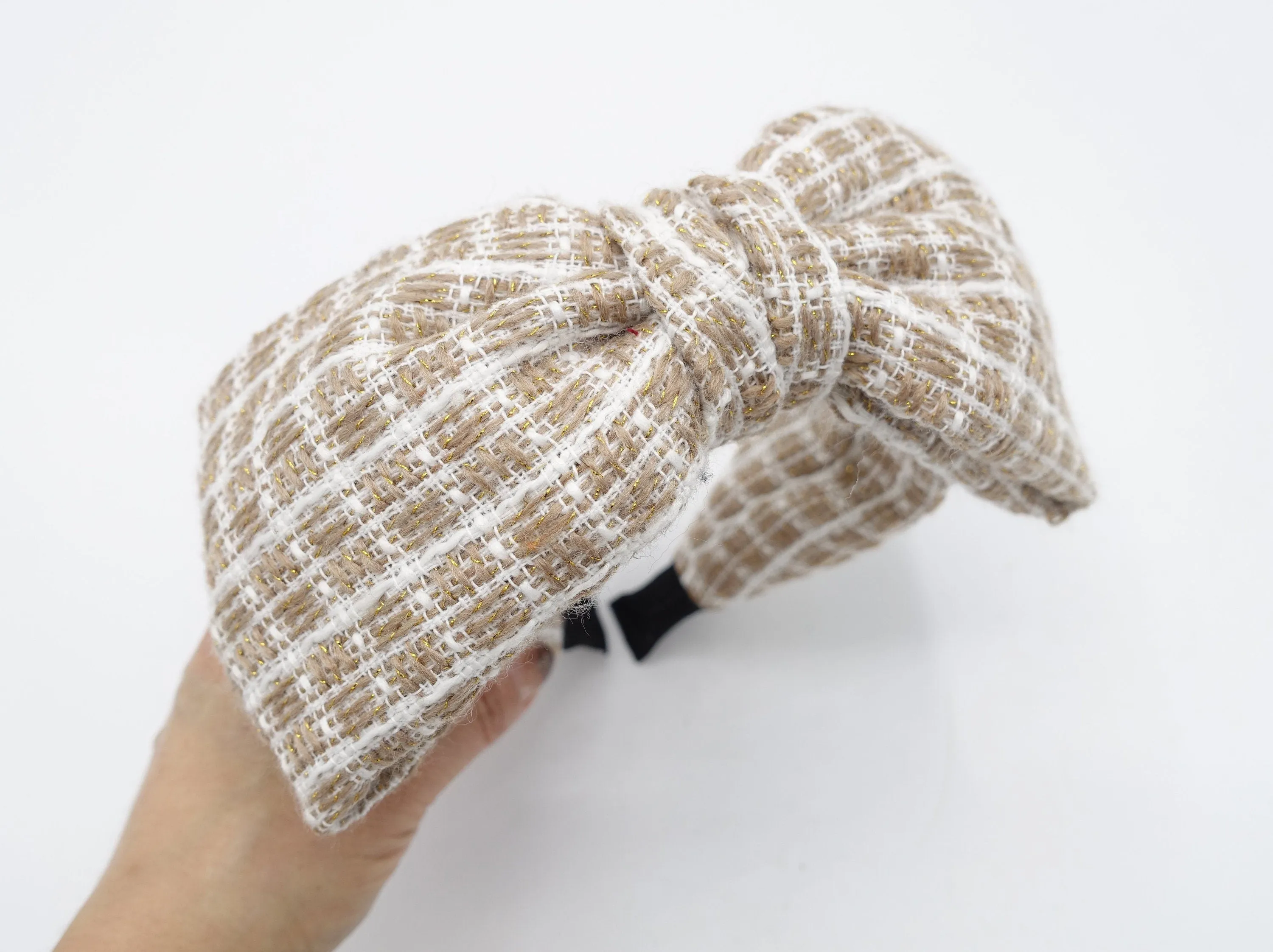 tweed bow headband golden thread shimmer big bow stripe pattern hair accessory for women