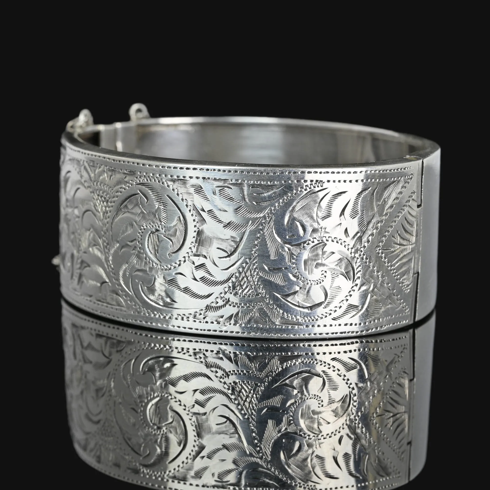 Victorian Revival Wide Engraved Silver Bracelet Bangle