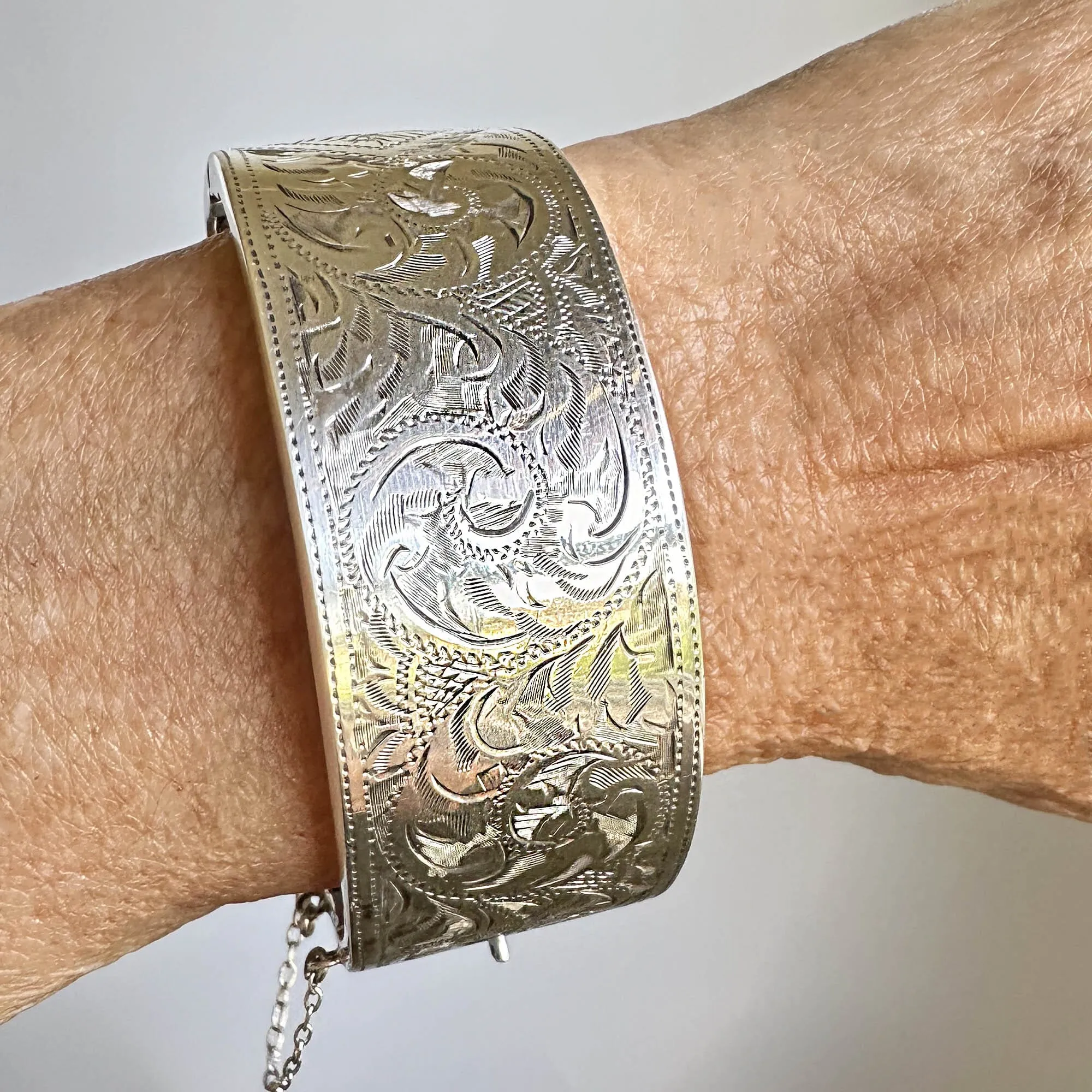 Victorian Revival Wide Engraved Silver Bracelet Bangle