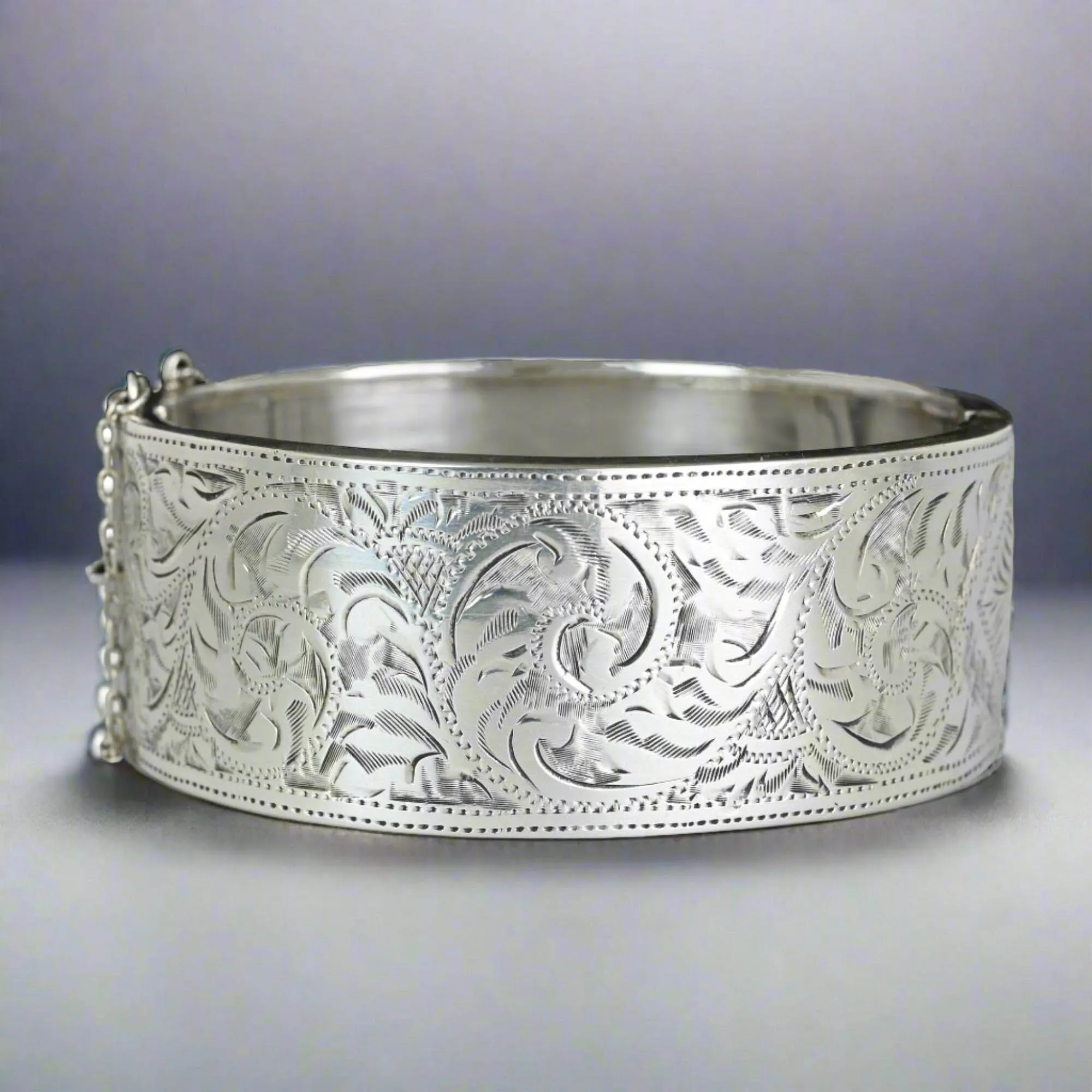 Victorian Revival Wide Engraved Silver Bracelet Bangle