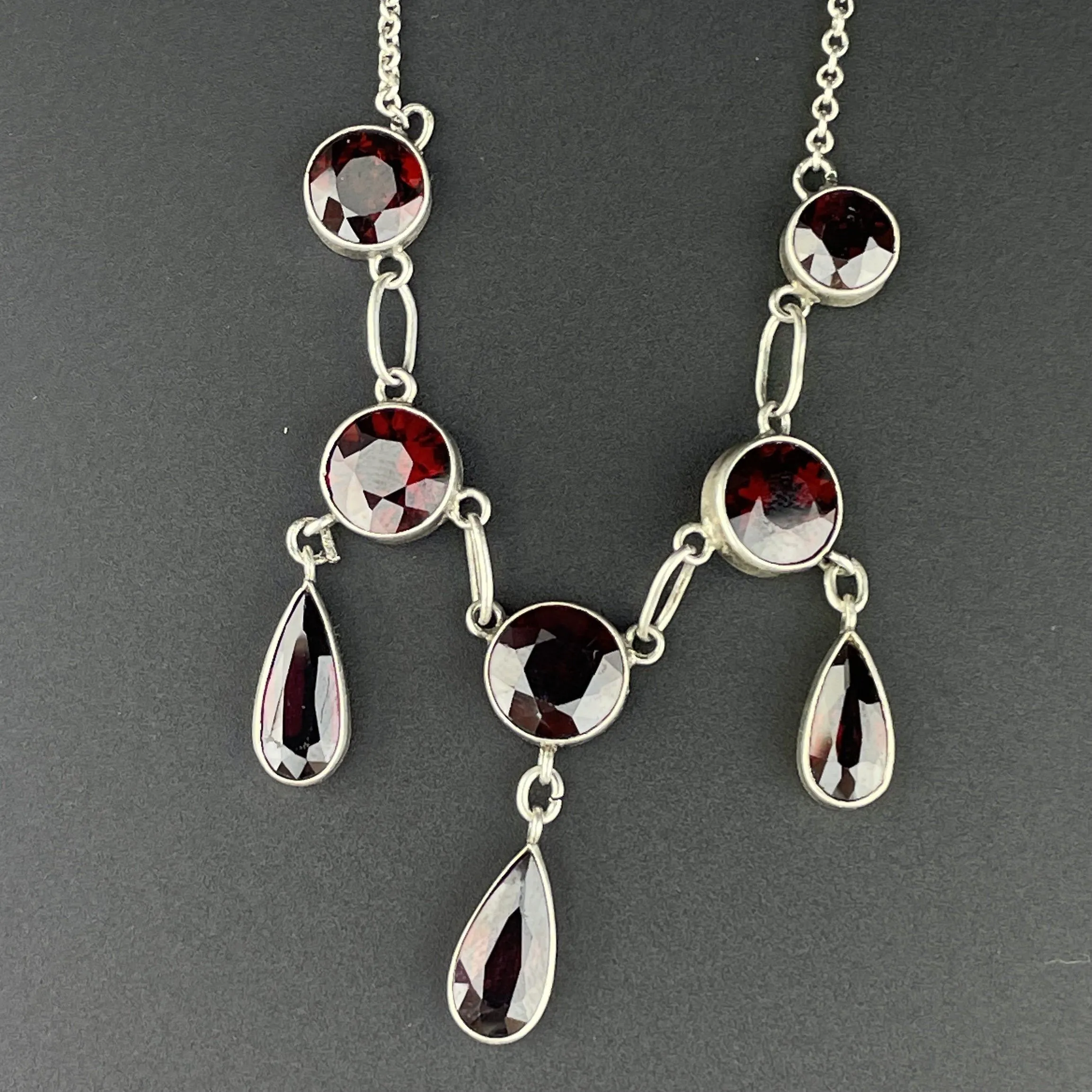 Vintage Art Deco Silver Garnet Drop Necklace