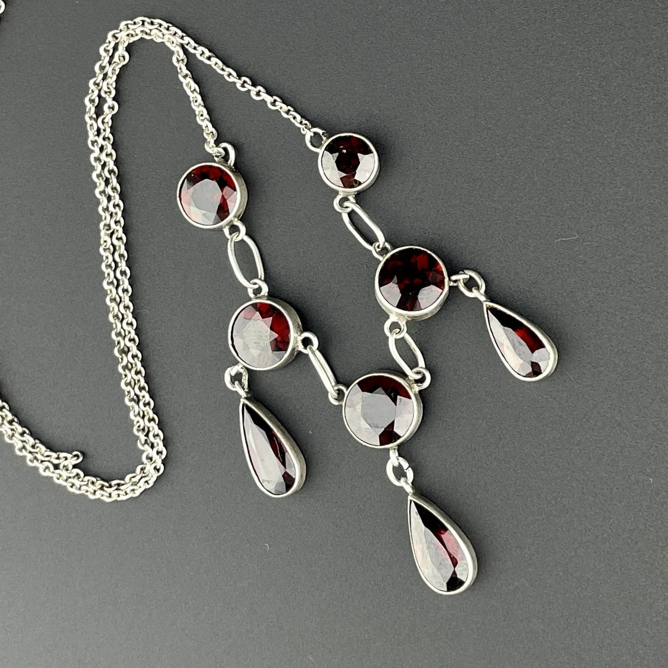 Vintage Art Deco Silver Garnet Drop Necklace