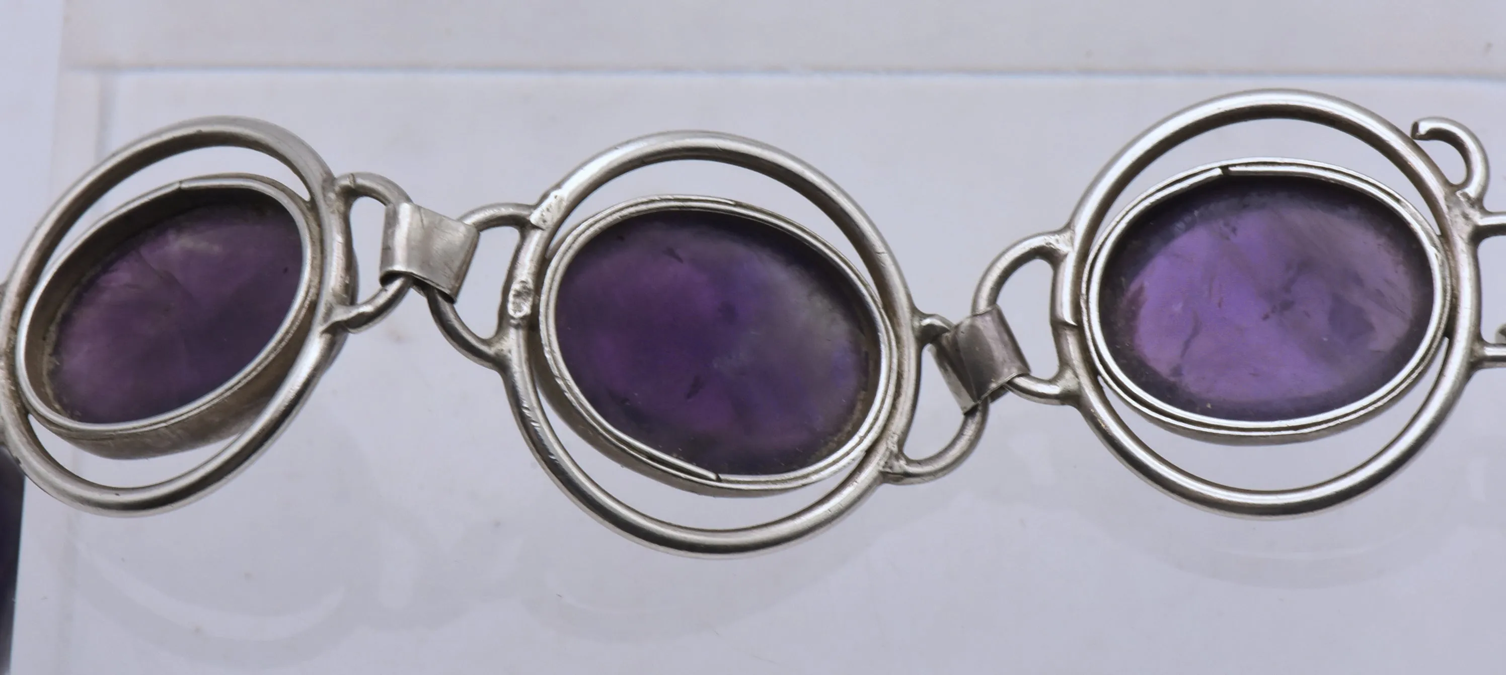 Vintage Handmade Sterling Silver Amethyst Cabochons Bracelet - 8"