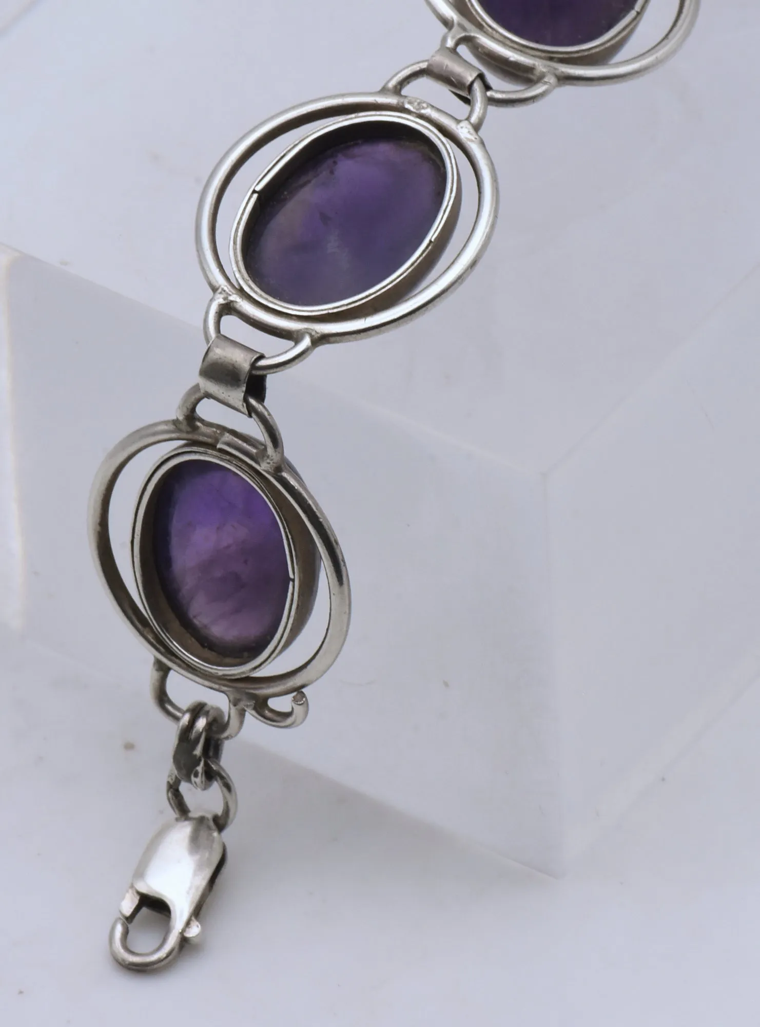 Vintage Handmade Sterling Silver Amethyst Cabochons Bracelet - 8"