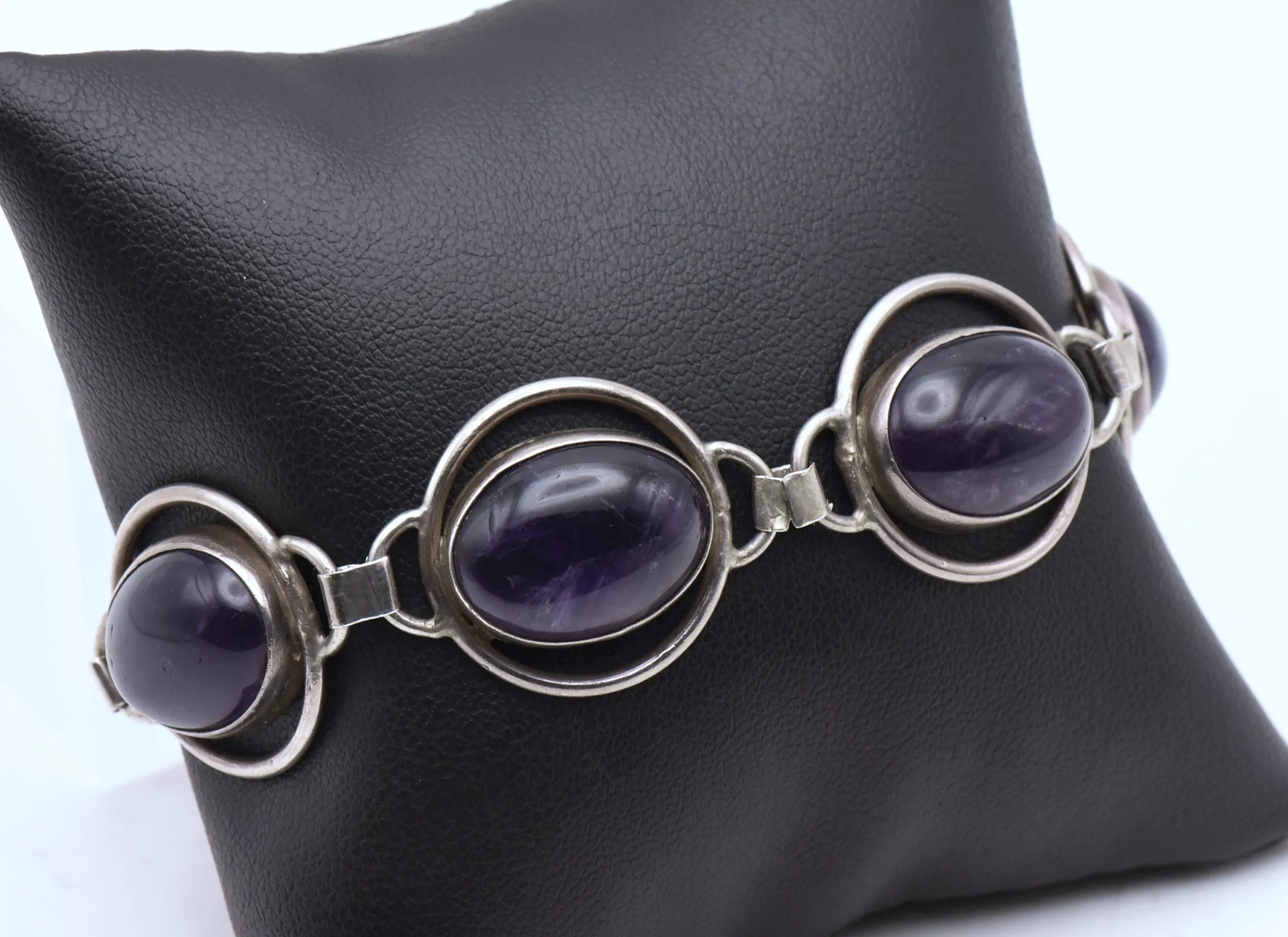 Vintage Handmade Sterling Silver Amethyst Cabochons Bracelet - 8"