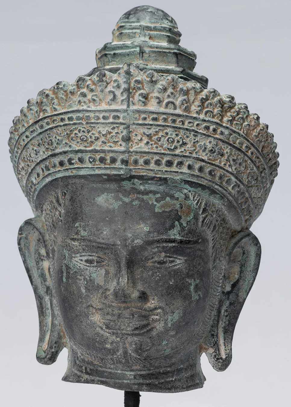 Vishnu Statue - Antique Banteay Srei Style Bronze Mounted Khmer Vishnu Head - 24cm / 10"