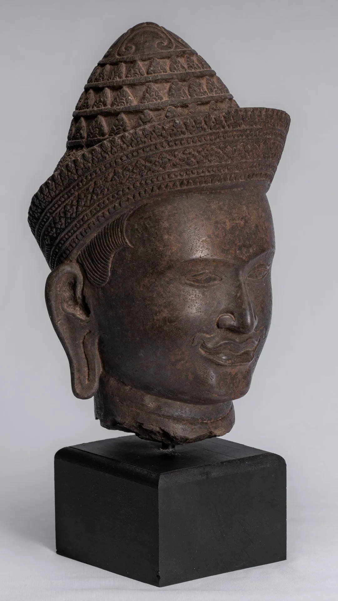 Vishnu Statue - Antique Banteay Srei Style Stone Mounted Khmer Vishnu Head - 35cm / 14"