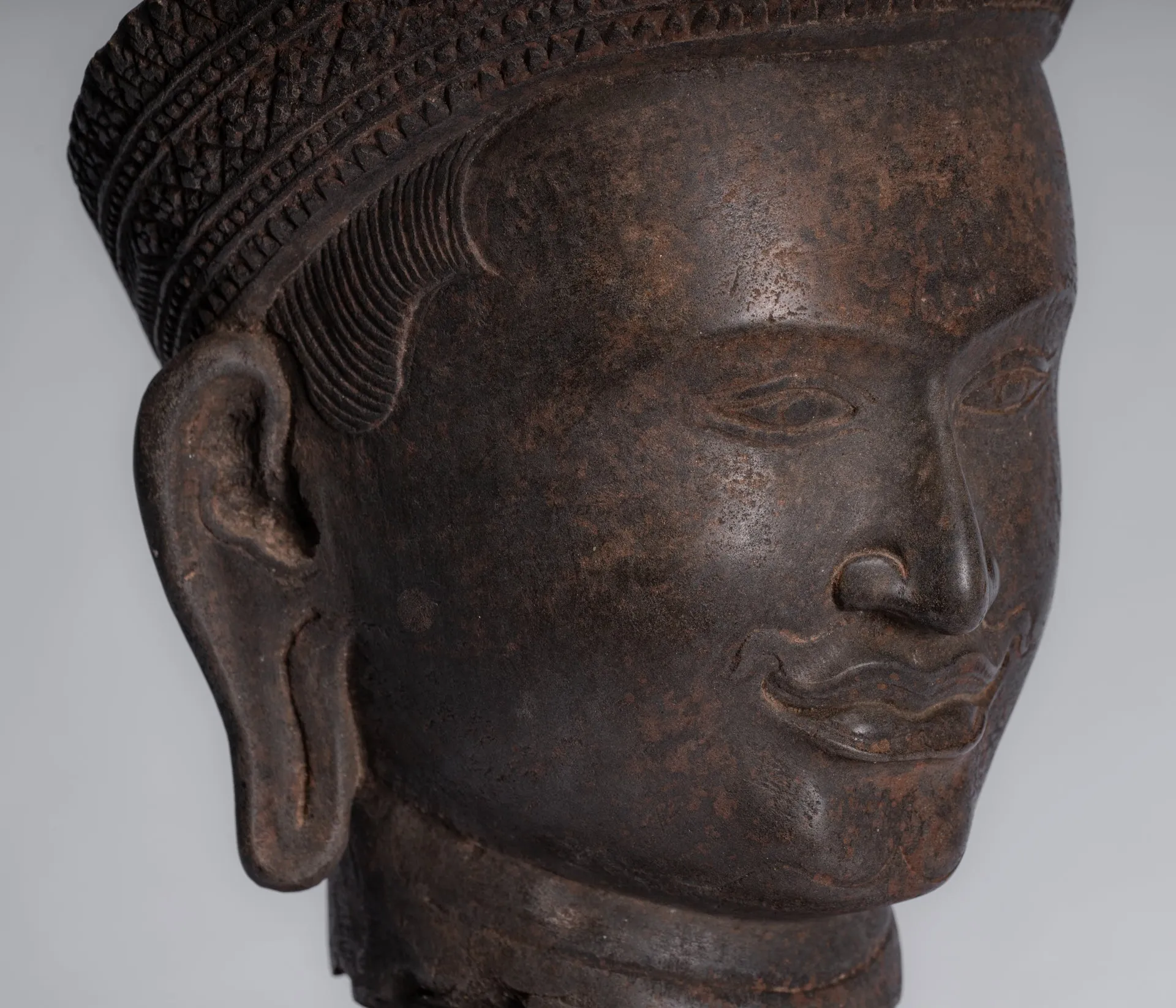 Vishnu Statue - Antique Banteay Srei Style Stone Mounted Khmer Vishnu Head - 35cm / 14"