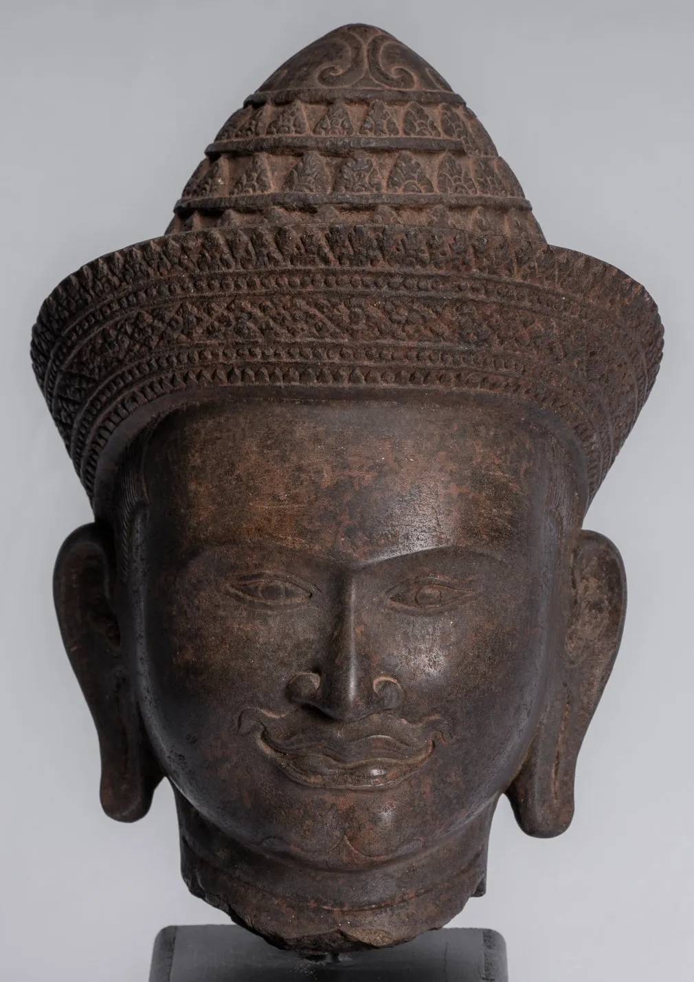 Vishnu Statue - Antique Banteay Srei Style Stone Mounted Khmer Vishnu Head - 35cm / 14"