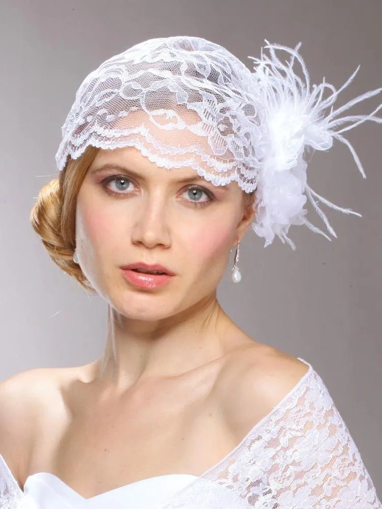 White Lace Juliet Veil Bridal Cap with Flower & Ostrich Feathers