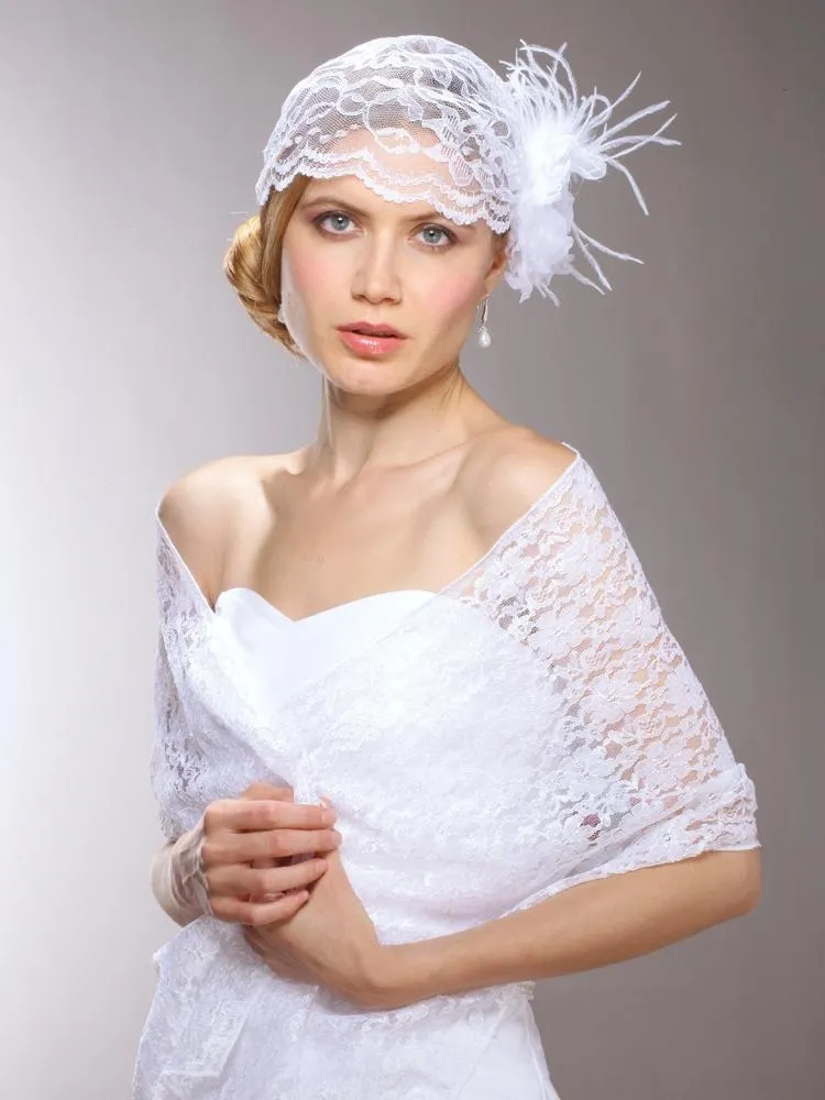 White Lace Juliet Veil Bridal Cap with Flower & Ostrich Feathers