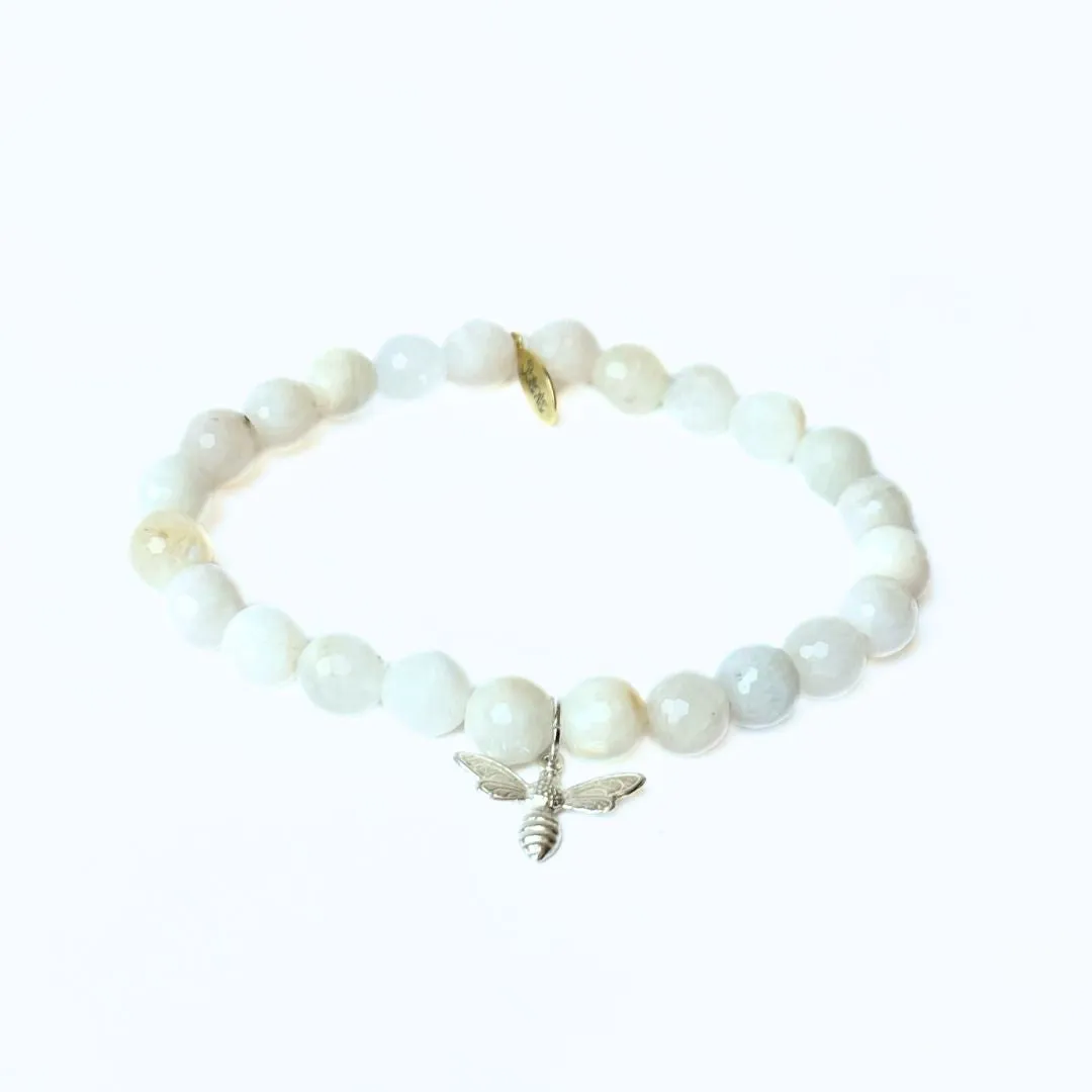 White Moonstone Bracelet | Sterling Silver Bee