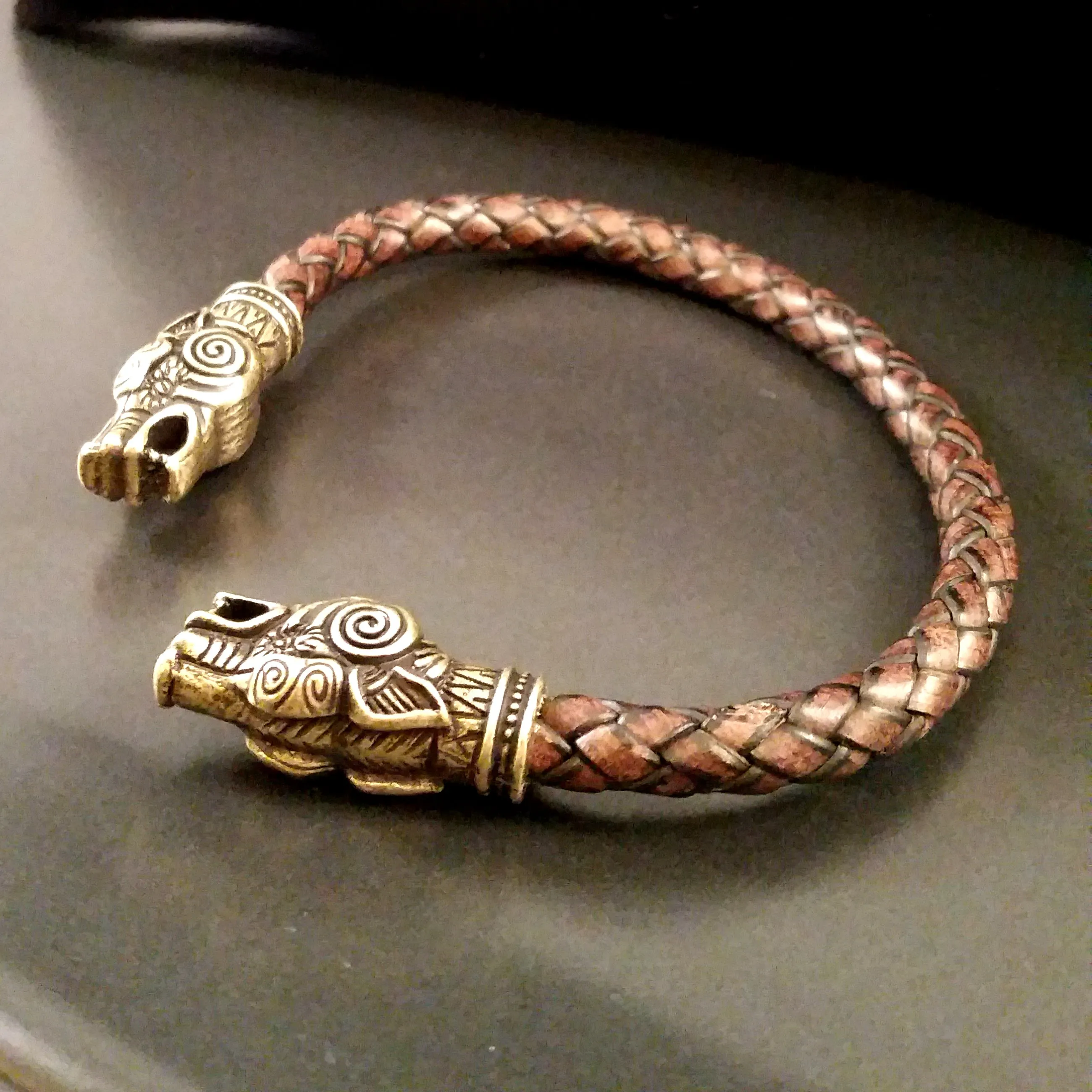 Wolf Torc Bracelet Bronze Brown Leather