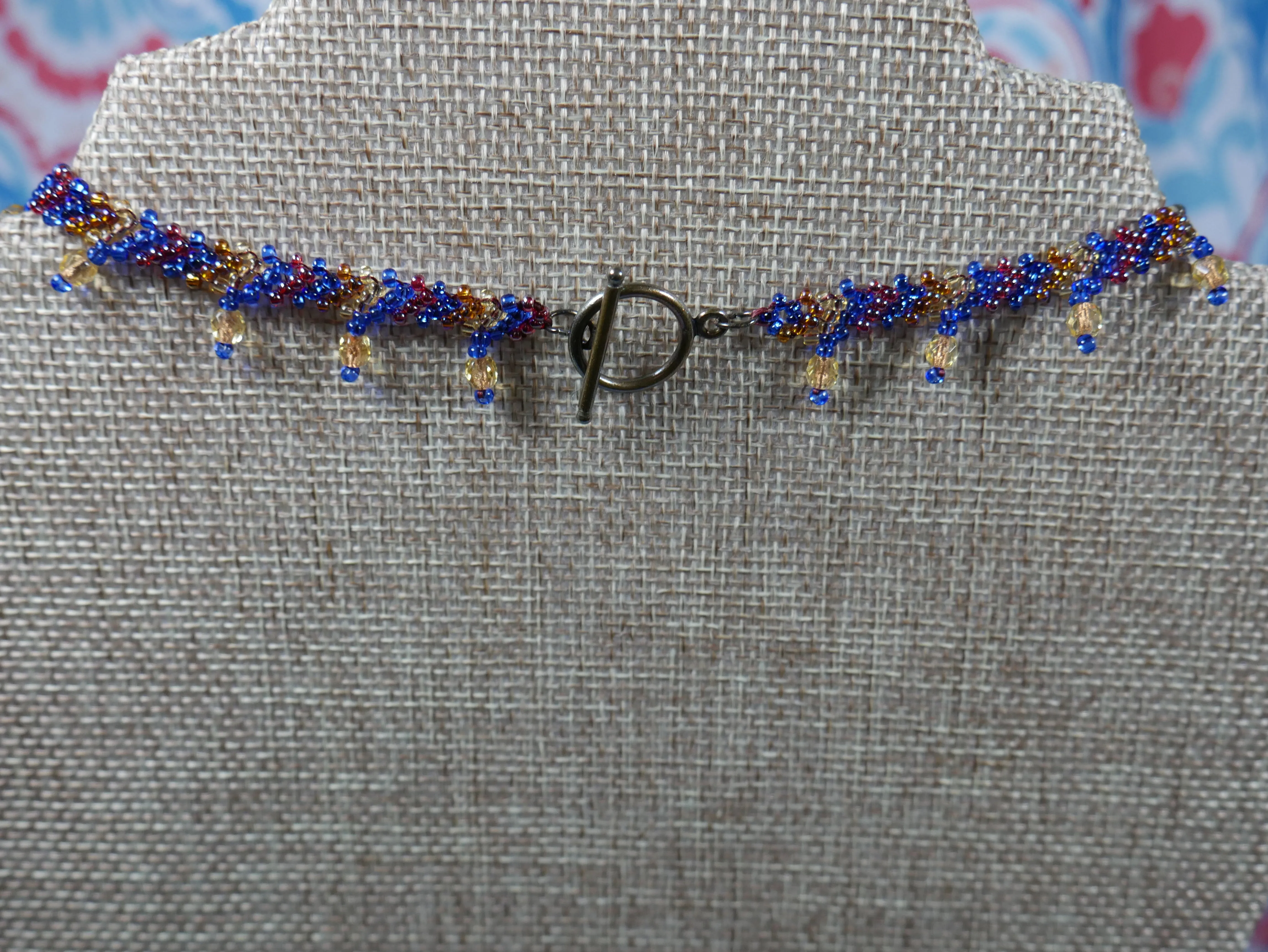 Woven Blue, Red and Gold Beaded Choker