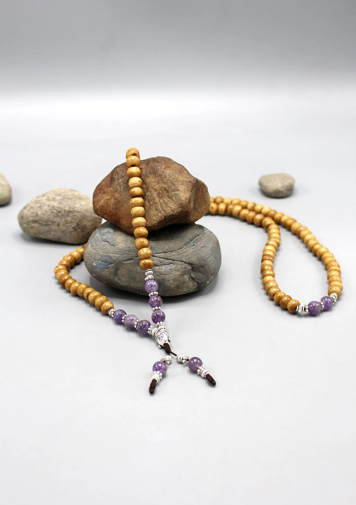 Yak Bone Mala With Amethyst Beads and Buddha Head