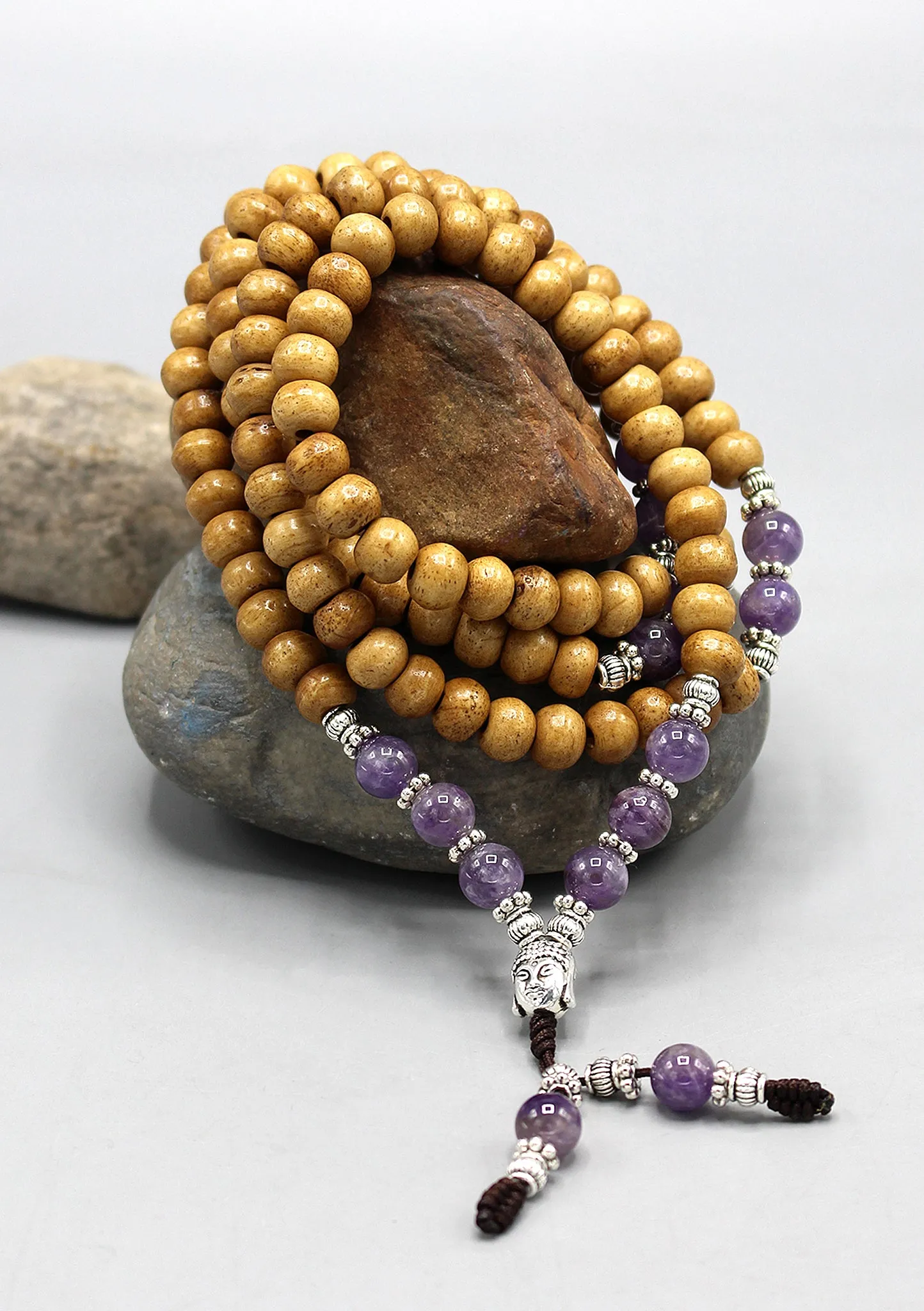 Yak Bone Mala With Amethyst Beads and Buddha Head