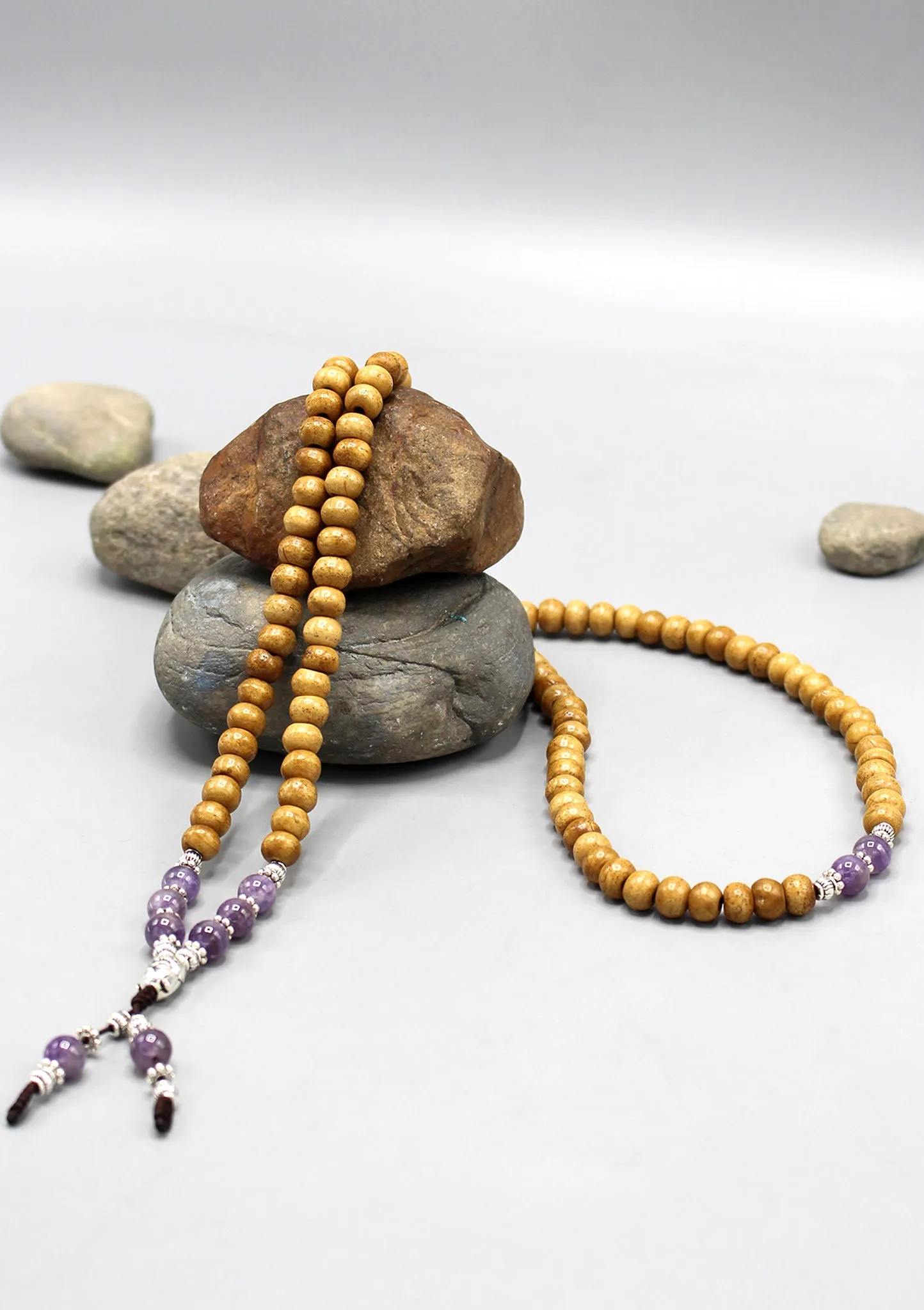 Yak Bone Mala With Amethyst Beads and Buddha Head