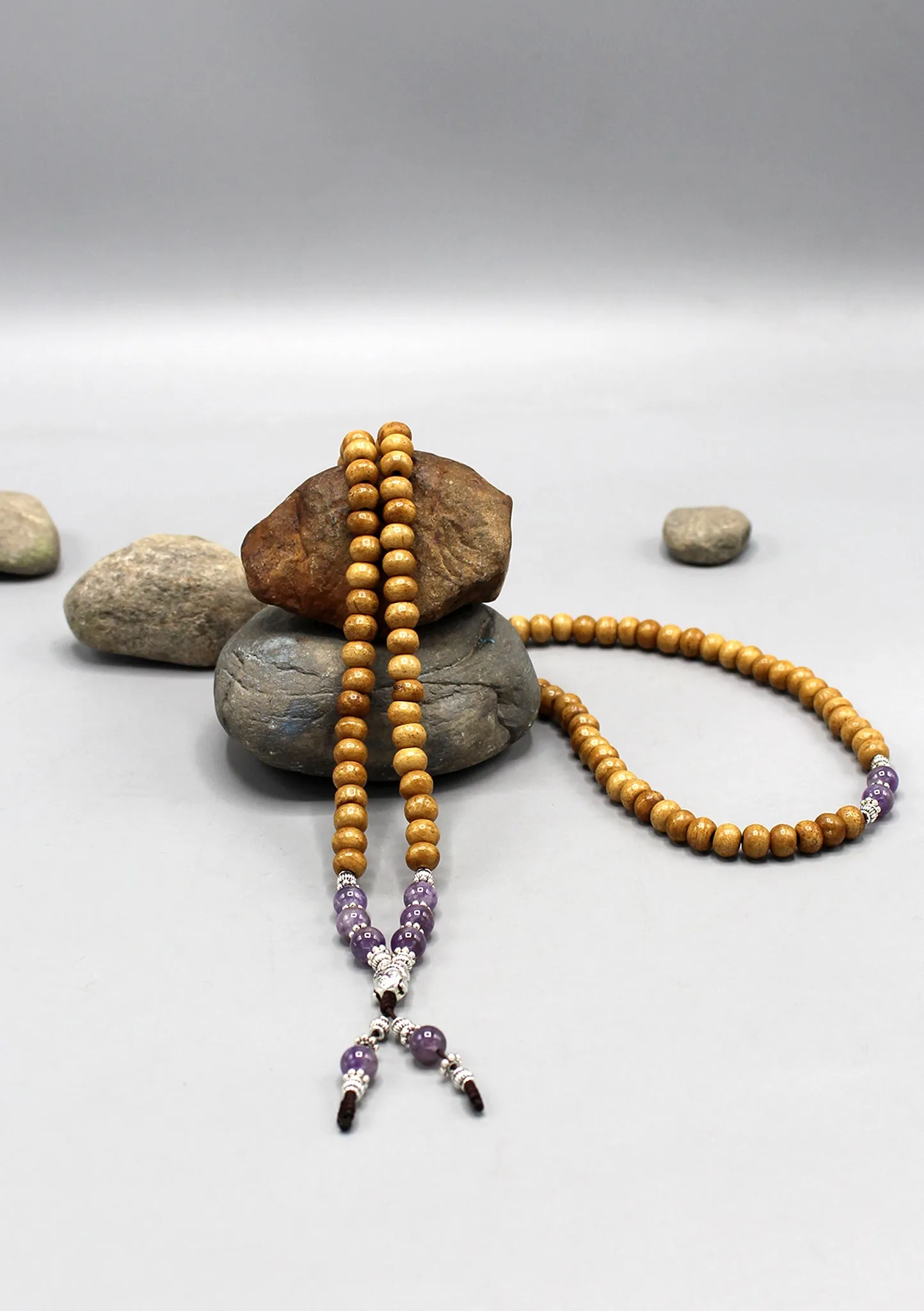 Yak Bone Mala With Amethyst Beads and Buddha Head