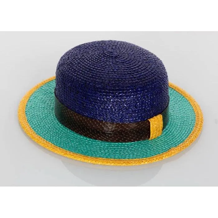 YVES SAINT LAURENT Glossy Color Block Snakeskin Trim Bowler Hat Ysl, 1990s | Size 57